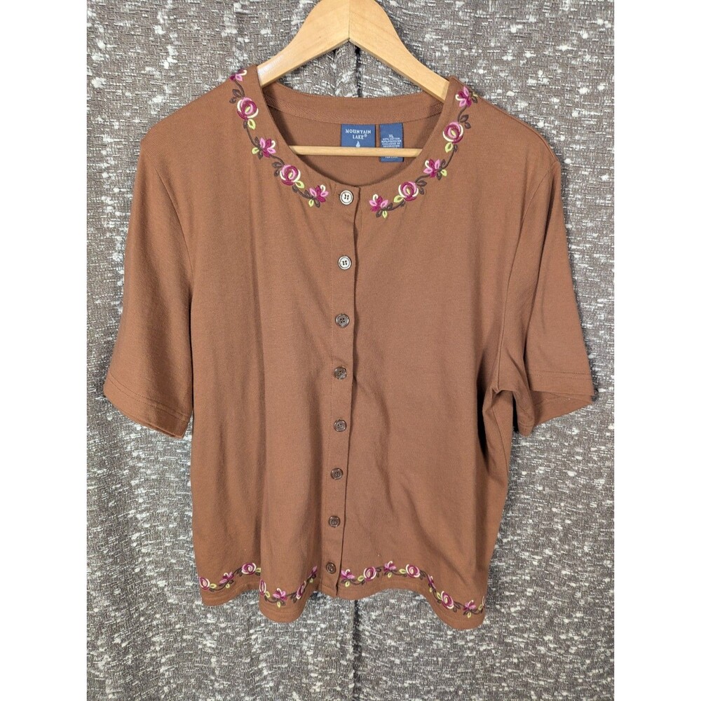 Mountain‎ Lake Button Embroidered Brown Short Sleeve Blouse Womens XL